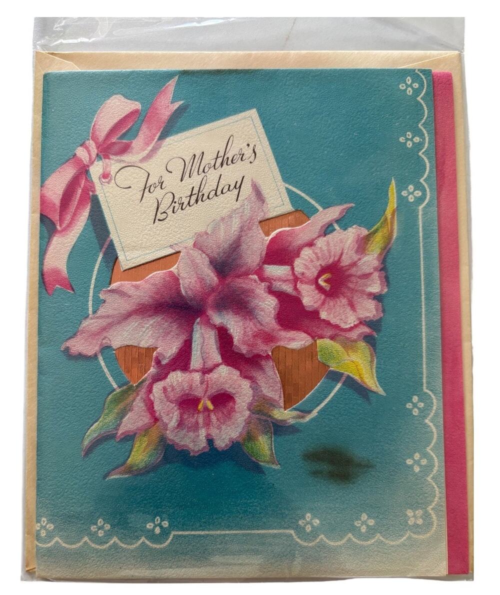 For Mother’s Birthday embossed orchids vintage Birthday greeting card MCM 1950s